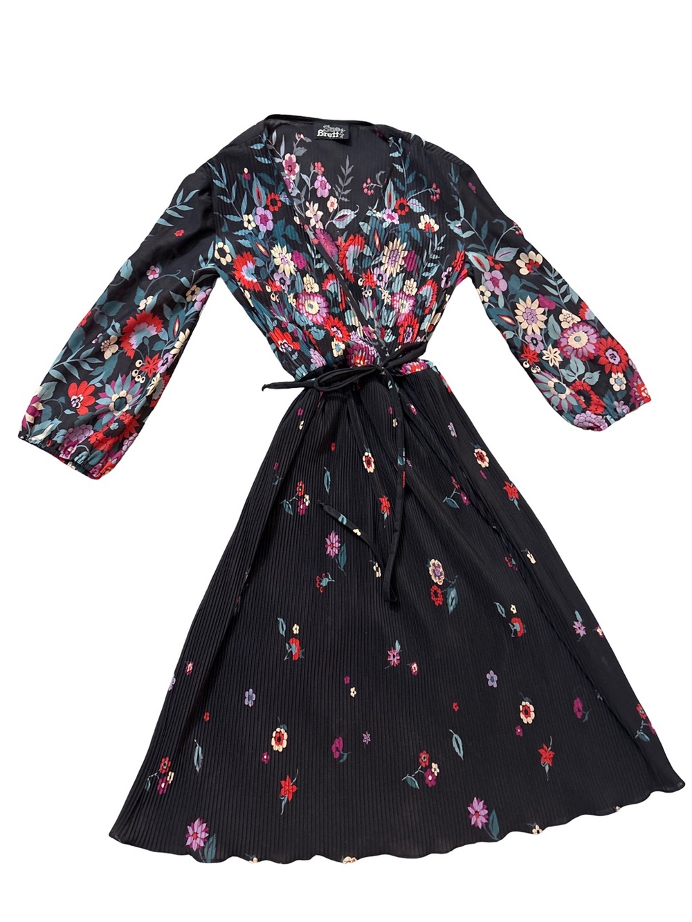 Vintage Floral Black Long Sleeve Wrap Dress with Tie Belt